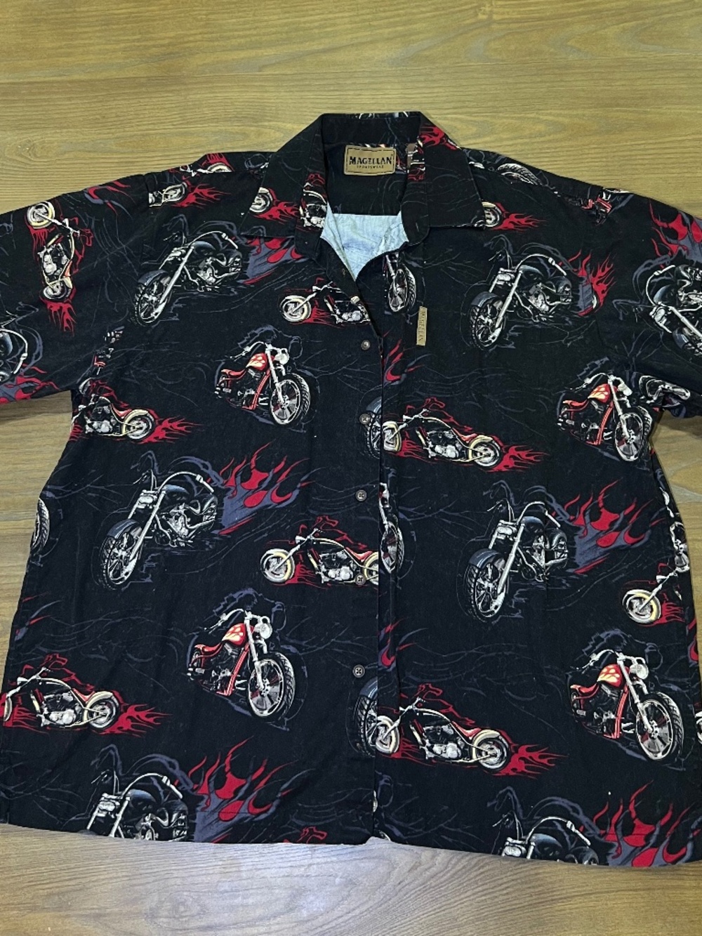 Magellan men’s black Motorcycle print Button Down short sleeve Shirt XL Grunge